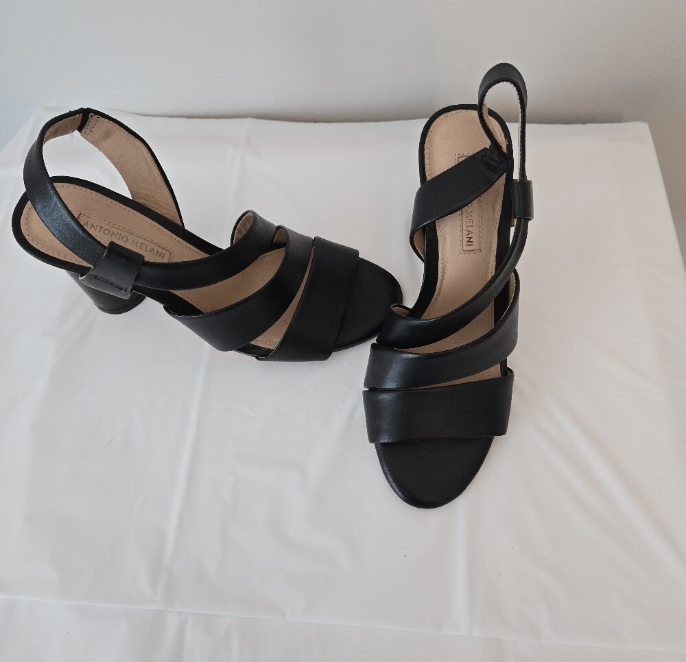 Antonio Melani Black Leather Crisscross Sandals – Size 6, 2.5–3" Heel - Picture 8 of 10